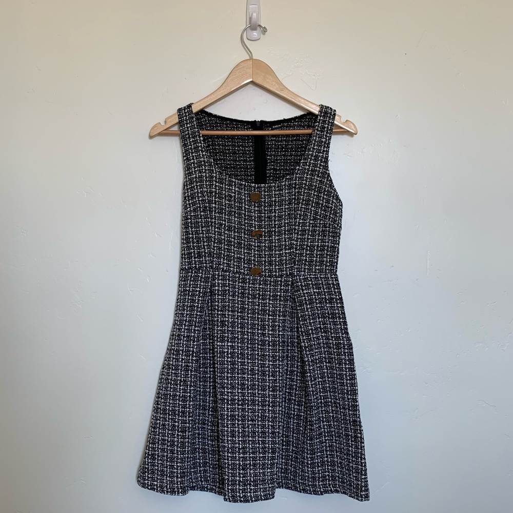 Tweed dress with faux brass buttons